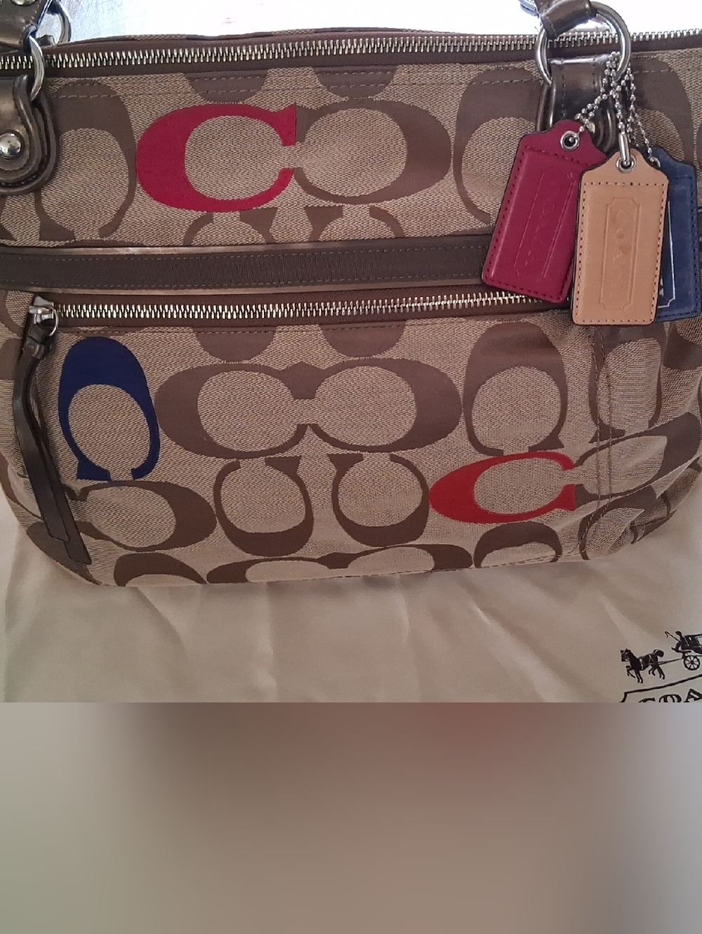Coach Beige Signature Canvas Shoulder Bag with Red and Blue Accents